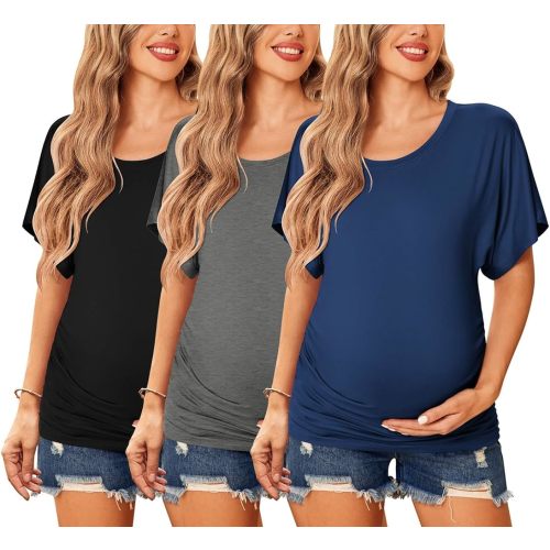Ekouaer Maternity Shirts 3 Packs Dolman Sleeve Side Ruched Tops Tunic Casual Pregnancy Clothes