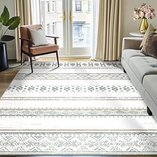 BESTSWEETIE 5x7 Area Rugs for Living Room Washable Moroccan Farmhouse Neutral Geometric Low Pile Non-Slip Soft Print Pattern Rug for Bedroom Kitchen Dining Room Entryway Green/Brown/Brown