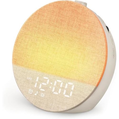 Geuuap Sunrise Alarm Clock White Noise Machine | Natural Wake-Up Light for Bedroom with 30 Soothing Sleep Aids, Bluetooth Speaker, Dimmable Clock, Screen-Free Design for Baby Adults Kids-Khaki
