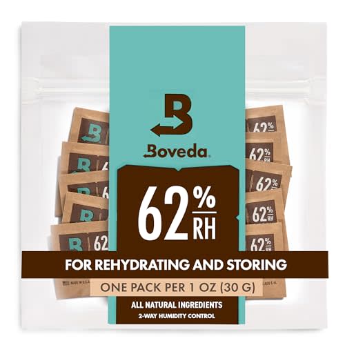 Boveda 62% RH Size 8-10 Pack Two-Way Humidity Control Packs - for Storing 1 oz - Moisture Absorber for Small Storage Containers - Humidifier Packs - Hydration Packets w/Resealable Bag