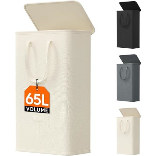 Lifewit 65L Slim Laundry Hamper, Small Laundry Basket with Lid, Dirty Narrow Collapsible Clothes Storage with Easy Carry Extended Handles, Tall Hampers for Bedroom Laundry Room, White, 1 Pack