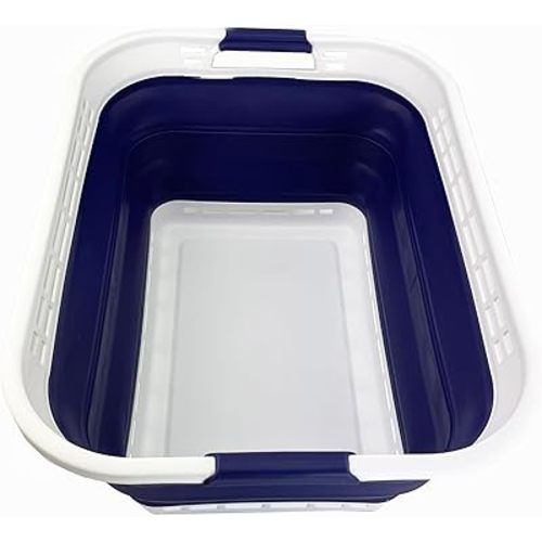 SAMMART 42L (11 gallons) Collapsible Plastic Laundry Hamper/Basket - Foldable Storage Container/Organizer - Portable Laundry Basket - Easy Storage Space Saving (White/Navy Blue)
