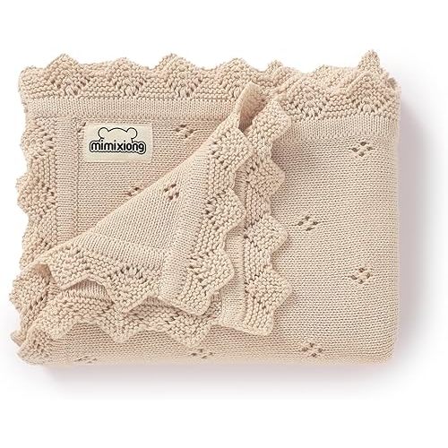 mimixiong Cotton Baby Blanket Knitted Crochet Receiving Crib Nursery Swaddling Blankets for Newborn Baby Boy Girl 30x40 Inch (Oatmeal)
