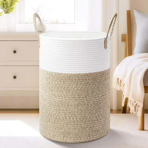 TEAFIRST 60L Laundry Hamper, Woven Cotton Rope Large Capacity Laundry Hamper Handles for Bathroom
