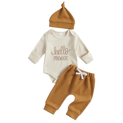 BeQeuewll Newborn Boy Clothes Fall Winter Knit Outfits I AM NEW HERE Romper +Pants+Hats 3Pcs Baby Boy Coming Home Outfit