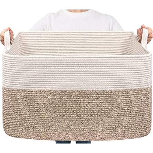 Goodpick Blanket Basket, Woven Baskets for Storage, Extra Large Storage Basket, Blanket Basket Living Room, Rectangle Cotton Rope Basket for Toys, Dirty Clothes, 23.6" x 15.7" x 13.8", 85L