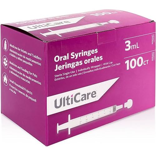 UltiCare 3mL Oral Tip Syringe – Uses Include Oral Administration of Medicine for Infants, Toddlers and Small Pets, and Small HH Projects. with Cap, Sterile Individually Wrapped, 100 Count