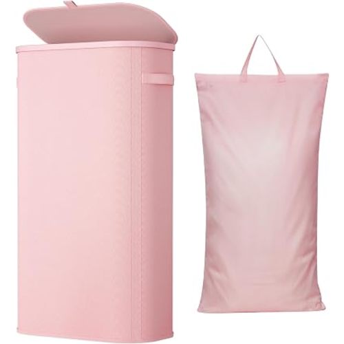 Lifewit Slim Laundry Basket with Lid, Narrow Large Laundry Hamper with Plastic Handles and Removable Bag, Tall Foldable Dirty Clothes Hampers for Laundry Room, Bedroom, Bathroom, Dorm, 75L Pink