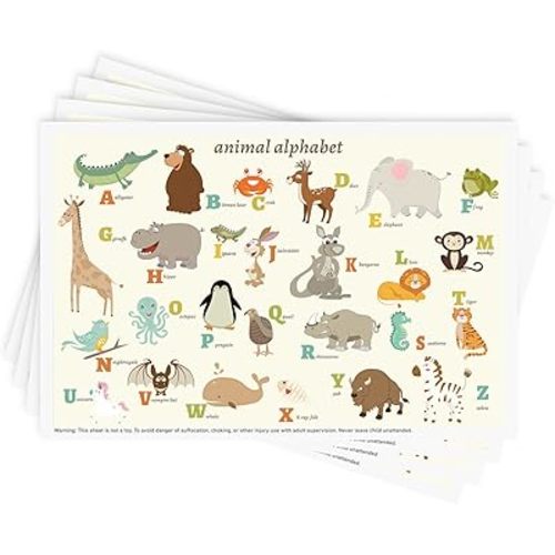 Disposable Stick-on Placemats 40 Pack for Baby & Kids, Restaurant Table Mats 12" x 18" Sticky Place Mats, Toddler Baby Placemat, Animal Alphabet Theme