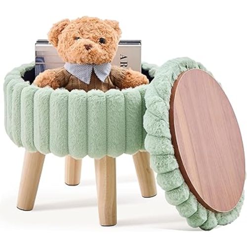 Wimarsbon Storage Ottoman,Soft Faux Fur Footstool with Padded Seat, Small Reading Vanity Chair, Footrest with Wood Tray for Couch, Mini Coffee Table or Display Stand (Light Green, Round Storage)