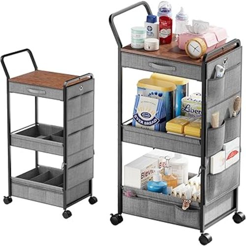 BBLIKE 3-Tier Diaper Caddy Organizer - Rolling Utility Baby Cart with Drawer and Side Pockets for Nursery and Baby Essentials, Multi-Function Cart for Bedroom and Bathroom, Black and Brown