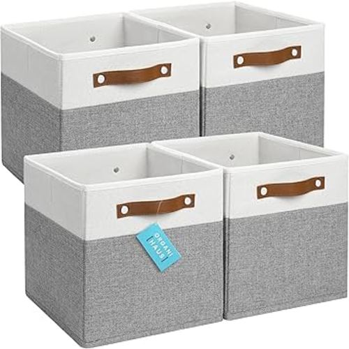 OrganiHaus 11x11 Cube Storage Bin set of 4 | Fabric Storage Bins | Cube Storage Organizer Bins | Cubby Bins w/ Vegan Handles | Kallax Organizer Storage Cube Basket | Square Storage Cubes - Gray/White