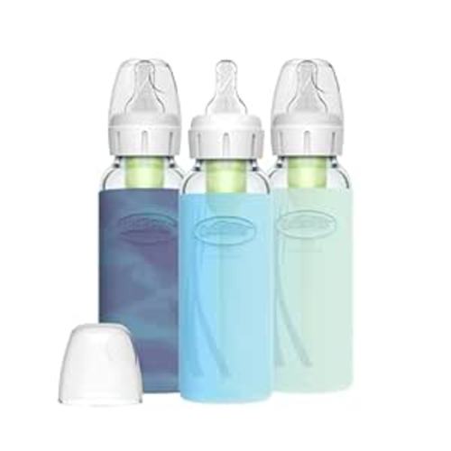 Dr. Brown's Options+ Narrow Bottle, Glass Baby Bottle with Silicone Sleeve Variety Pack 8 Ounce - Glow/Blue/Mint