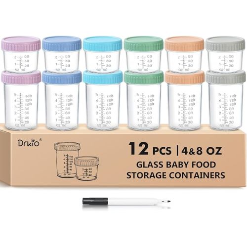 DRKIO 12 Pack Glass Baby Food Storage Containers - 4 & 8 oz Baby Food Jars with Lids Baby Food Maker Microwave Dishwasher Freezer Safe 100% Leak Proof BPA Free Reusable