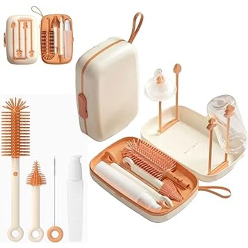 Travel Bottle Cleaner kit, 7in1 Extendable Silicone Travel Bottle Brush Set, Nipple, Drying Rack, Straw, & Breast Pump Portable Cleaning, Soap Dispenser & Organizer Case, Gift for Mom (White)