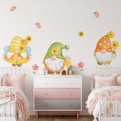 Gnomes and Sunflower Wall Decals, Nursery Art Decor