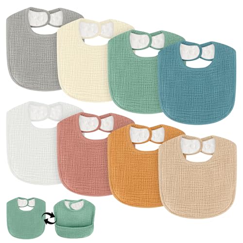 COMFYROLL Dual Usage Baby Bibs for Drooling and Teething, 8 Pack Muslin Baby Drool Bibs for Boys & Girls with Hidden Pocket, Soft Cotton, Extra Absorbent, Mess-proof, for Toddler, Newborn, Infant