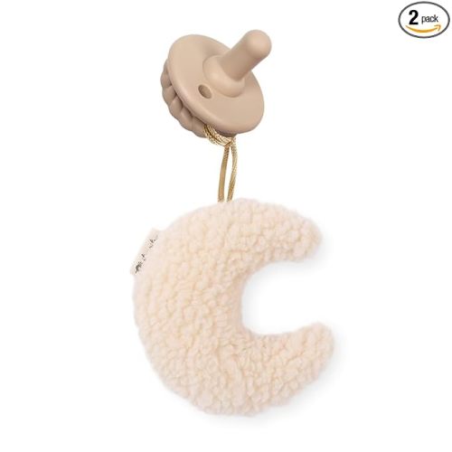 Itzy Ritzy Pacifier and Lovey Set; Detachable Plush Moon and Coordinating Toast Silicone Pacifier; Ideal for Ages 0 Months and Up, Moon
