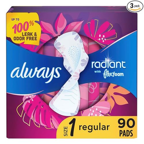 Always Radiant Feminine Pads For Women, Size 1 Regular Absorbency, Multipack, With Flexfoam, With Wings, Light Clean Scent, 30 Count x 3 Packs (90 Count total)