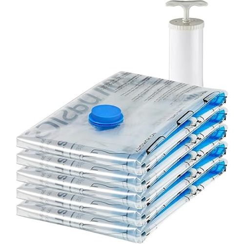 Amazon Basics Vacuum Compression Space Saving Storage Bags with Hand Pump, Large, Pack of 5, Clear