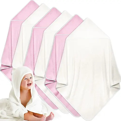 Chumia 6 Pack Baby Bath Towel Coral Fleece Soft Absorbent Newborn Hooded Towel for Kid 30 x 30 Inch Toddler Bath Blanket for Babies Infant Shower Gift(Pink, White)