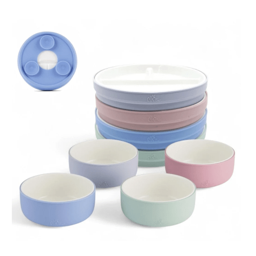 Kids Porcelain Mealtime Bundle | Suction Sleeves | 6.7" Plates + Bowls | 8 Pcs | Blush/Lilac/Sage/Misty Blue