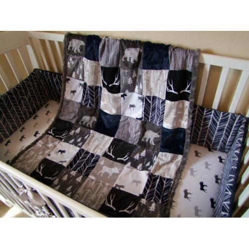 Woodland Nursery Set- Designer Crib Set - Navy Gray Deer Nursery Bedding - Deer Bedding - Woodland Blanket -,               I-blanket/sheet/bump          ,               mini moose (1st pic)