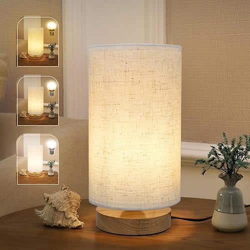 Small Bedside Table Lamp with 3 Color Temperatures, Minimalist Dimmable Nightstand Lamp with Round Fabric Linen Shade, Desk Lamp for Study Reading, Night Lamp for Living Room,Bedroom,Office,Dorm