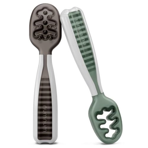NumNum Baby Spoons Set, Pre-Spoon GOOtensils for Kids Aged 6+ Months - First Stage, Baby Led Weaning (BLW) Spoon - Self Feeding, Silicone Toddler Food Utensils - 2 Spoons, Gray/Green
