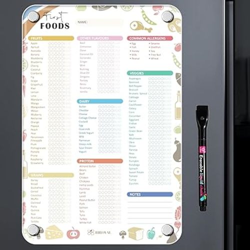 Acrylic Baby First Foods Checklist Magnet with 1 Marker, Baby First Foods Tracker Fridge, 11.8"x7.9" Baby Food Chart, Daily Food Log, 101 Foods Before 1 Checklist, Baby Feeding Essentials