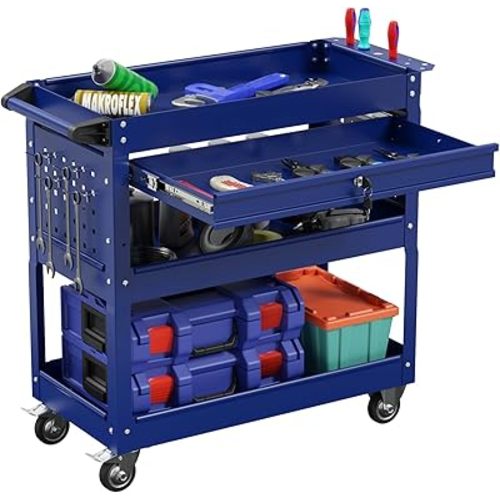 3-Tier Heavy Duty Utility Cart on Wheels, Rolling Tool Cart on Wheels with a Drawer, 350 Lbs Load Capacity Rolling Tool Storage Organizer for Garage, Warehouse and Repair Shop(Dark Blue)