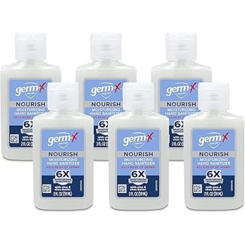 Germ-X Nourish Hand Sanitizer, 2-in-1 Moisturizing and Sanitizing Formula with Shea Butter, Vitamin E & Aloe, Non-Greasy, Mini Travel Size for On-The-Got, 2 Fl Oz (Pack of 6)