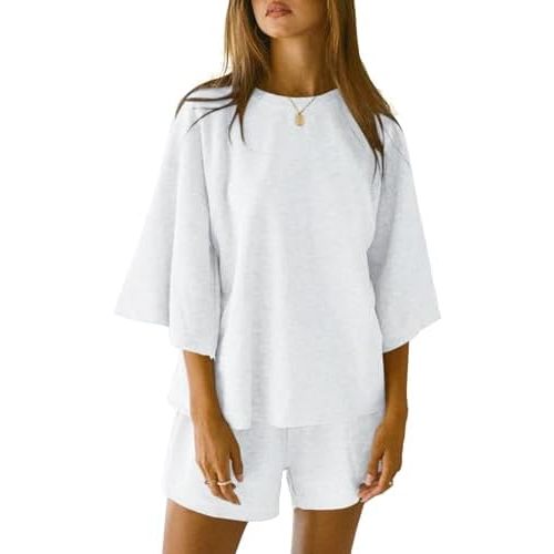 Tankaneo Womens Pajama Sets 3/4 Sleeve Oversized Tops and Elastic Waist Shorts Lounge Sets Loungewear
