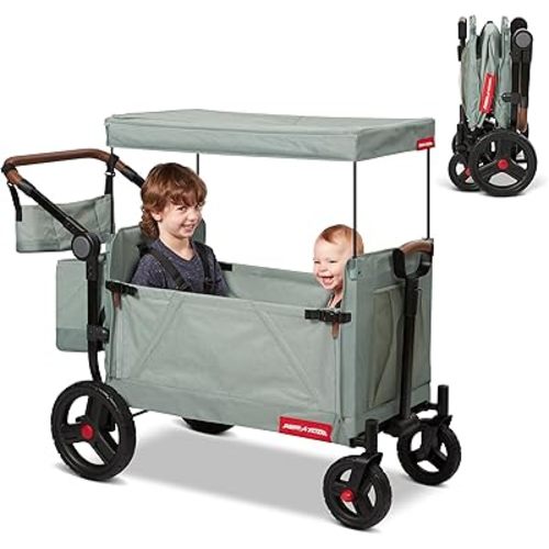 Foldable Wagon, Baby Stroller, Outdoor Play Rolling Cart, Beach Cart, Outside Toys for Toddlers 1-3, Radio Flyer Atlas Stroller Wagon for Kids Ages 1+ Years, Sage Green