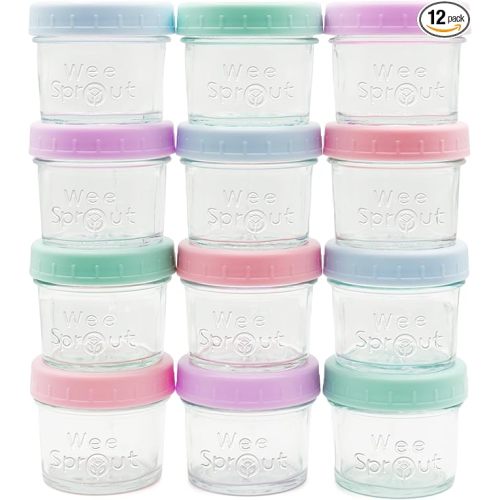 WeeSprout Baby Food Storage Glass Jars w/Lids (4 oz, 12 Pack) Pastel Variety, Snack, Reusable Small Containers, Fridge or Freezer, Microwave & Dishwasher Safe, Essentials for Infants