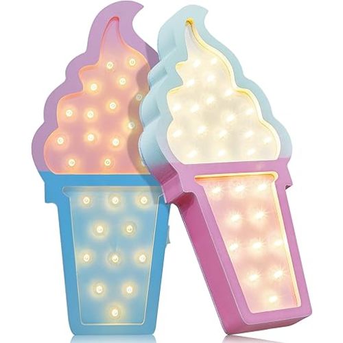 Mudder 2 Pcs Ice Cream Valentine Romance Atmosphere Light Wooden LED Night Light Ice Cream Theme Valentine Romance Lamps Battery Operated LED Night Lights for Party(Blue-Pink)