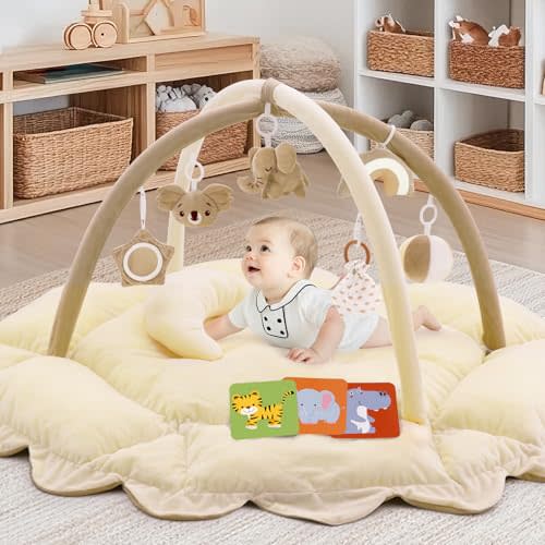 5-in-1 Plush Baby Play Gym, Baby Play Mats, Convertible Baby Gym with Pillow, Tummy time mat, 6 Sensory Toys, Light Cream