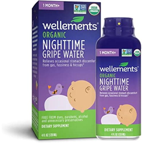 Wellements Organic Nighttime Gripe Water | Bedtime Relief for Baby Gas, Colic & Fussiness | Sleepy Time Herbs Promote a Peaceful Night’s Sleep | USDA Certified Organic & Non GMO | 1 Month +, 4 Fl Oz.