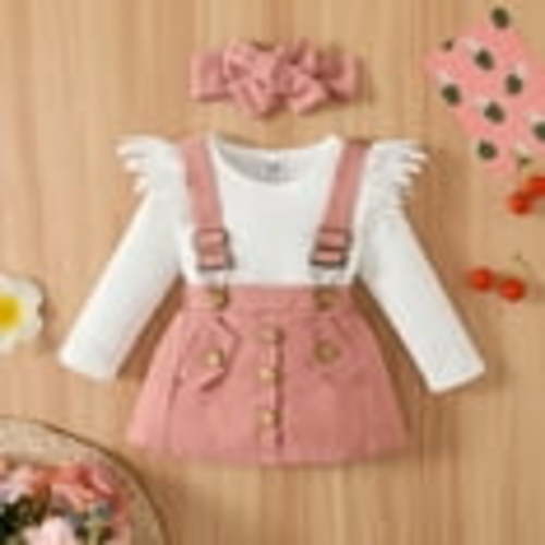 PatPat Infant Baby Girl Flutter Sleeve Knit Romper Top Suspender Skirt Headband Outfits Set,3pcs Cute Overalls Dress Newborn Fall Clothes Set,0-18month