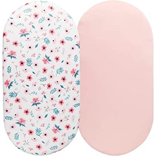 Tontukatu Bassinet Sheet Set 2 Pack Snug Fitted Cradle Fitted Sheets , Stretchy Ultra Soft , for Oval Rectangle Hourglass Bassinet Mattress , Unisex Boy Girl , Floral & Pink