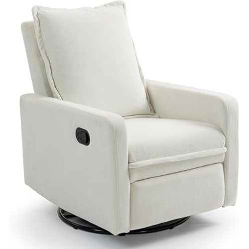 360° Swivel Rocking Chair Nursery Glider Recliner Nursery Chair Manual Swivel Rocker Recliner with High Backrest Armchair Comfy Side Modern Chair for Living Room (White)