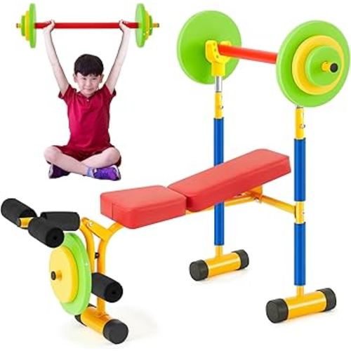 Meooeck Kids Weight Bench Set Fitness Exercise Equipment for Kids Toddler Adjustable Sports Exercise Equipment with Weights Foam Tray and Bar for Beginners Children Toddler Indoor Outdoor Sport