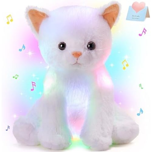 Houwsbaby 12'' White Musical Light Up Cat Stuffed Animal Kitty Plush Toy Singing LED Glowing Cat Plush Toy Christmas Festival Birthday Presents for Kids Girls Boys