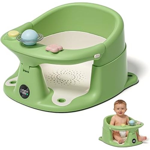 Baby Bath Seat for Babies 6 Months & up with Thermometer, Non-Slip Toddler Bath Seats for Sitting Up, Safe Infant & Newborn Bathtub Chair with 4 Suction Cups, Soft Cushion & Temperature Display, Green