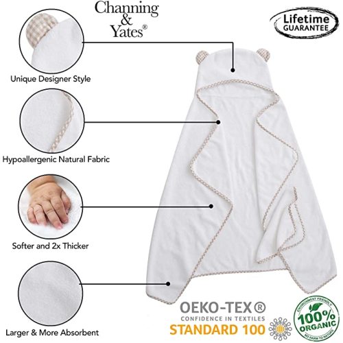 Channing & Yates Premium Boutique Organic Baby Bath Towel and Washcloth Set - Vicose Bamboo Baby Hooded Towel - Soft Baby Towels Baby Bath Essentials - Girl Boy Baby Bath Towels (Beige/White)