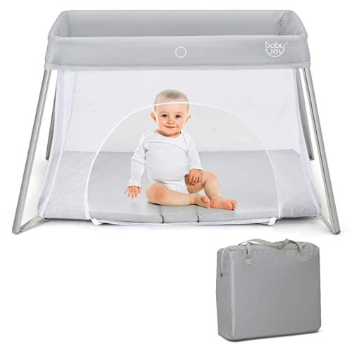 BABY JOY 2 in 1 Travel Crib with Side Zipper, Portable Pack and Play with Soft Washable Mattress, Lightweight Installation-Free Home Playard with Carry Bag, for Infants &Toddlers (Silver) - Sliver