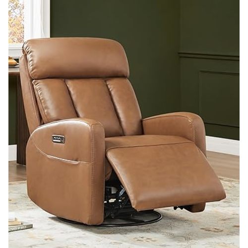 CHITA Leather Power Swivel Recliner Chair for Adults, Triple Motor Electric Rocker Recliner for Living Room with Adjustable Headrest and Lumbar Support, USB & Type-C Charging Ports, Saddle Brown