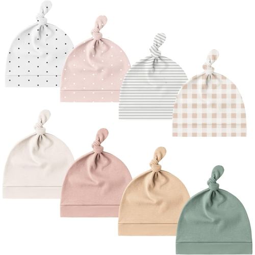 Konssy Juego de 8 Gorras para Bebés Recién Nacidos con Nudo Gorras de Puño Suave para Niñas y Niños de 0 a 6 Meses Rosa