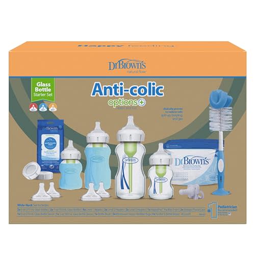 Dr. Brown’s Natural Flow Anti-Colic Options+ Wide-Neck Glass Baby Bottle Starter Set with 100% Silicone Glass Bottle Sleeves, Baby Bottle Brush, Prevent Pacifier and Pacifier and Bottle Wipes