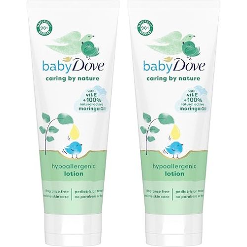 Baby Dove Hypoallergenic Lotion Caring By Nature 2 Count Build a Healthy Foundation for Your Baby's Skin Contains Vitamin E and 100% Natural Moringa Oil 13.5 fl oz (Pack of 2)